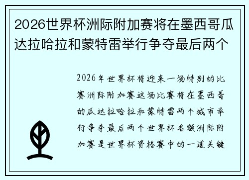2026世界杯洲际附加赛将在墨西哥瓜达拉哈拉和蒙特雷举行争夺最后两个名额